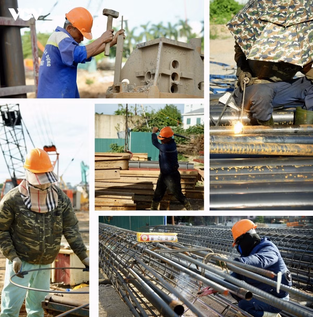 Dưới thời tiết nắng nóng gay gắt, công nhân vẫn miệt mài làm việc, tập trung hàn, gia công các khối thép phục vụ thi công trụ cầu.