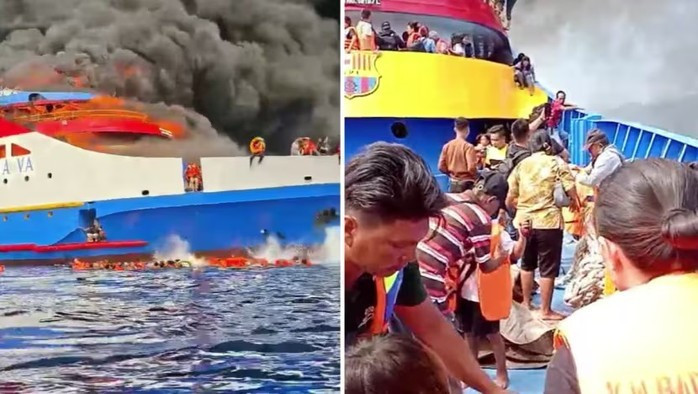 Vụ hỏa hoạn khiến tàu chở khách náo loạn ngoài khơi Indonesia. Ảnh: Facebook/Info Kapal Manado &amp; Sekitarnya