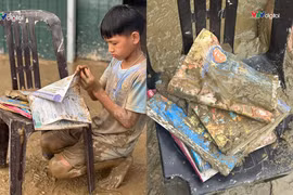 Xót xa cậu bé 12 tuổi Nghệ An lật từng trang sách lẫn trong bùn sau lũ quét