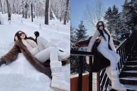 Tiktoker Ngân Hà diện đồ ôm sát khoe dáng 'đồng hồ cát' giữa tuyết trắng