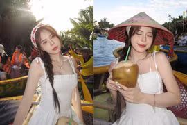 Tiktoker Ngân Hà thả dáng xinh đẹp trên thuyền thúng Hội An