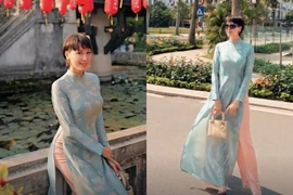 Mẹ vợ Đoàn Văn Hậu diện áo dài, xách túi hiệu du xuân