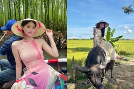 Gái xinh Hàn Quốc diện áo dài, cưỡi trâu khi du lịch Việt Nam