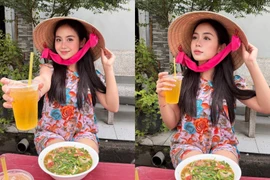 Cô gái Lào khiến fan Việt thích thú khi đội nón lá, uống trà đá lề đường