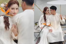 MC Mù Tạt và cầu thủ Đức Huy khoe ảnh diện áo dài đôi tình tứ, ngọt ngào