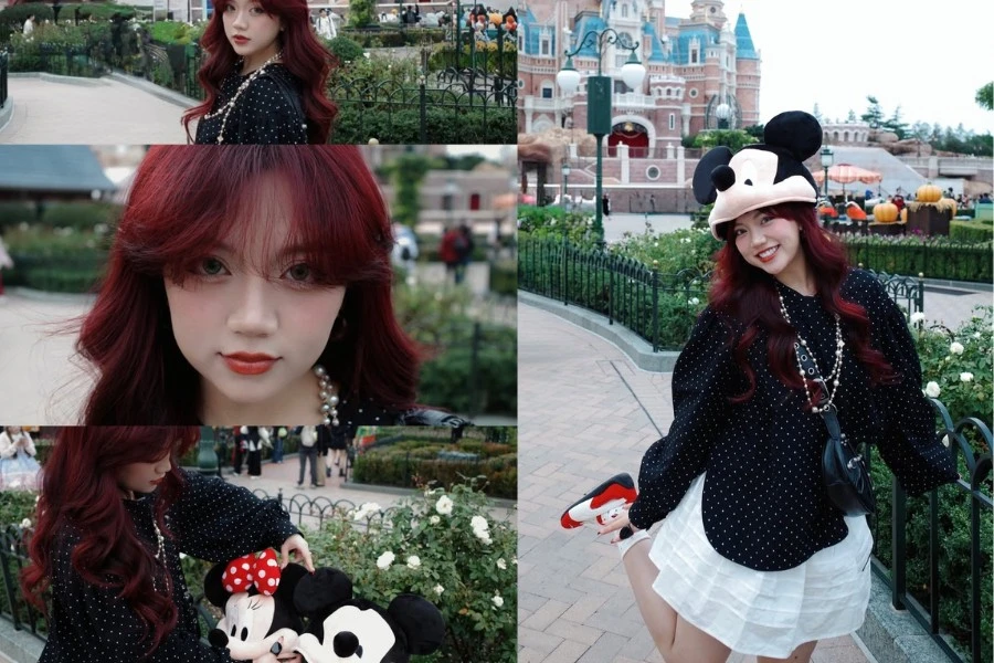 Hot girl Bảo Hân Helia giao diện nàng công chúa tóc đỏ check-in ở Disneyland
