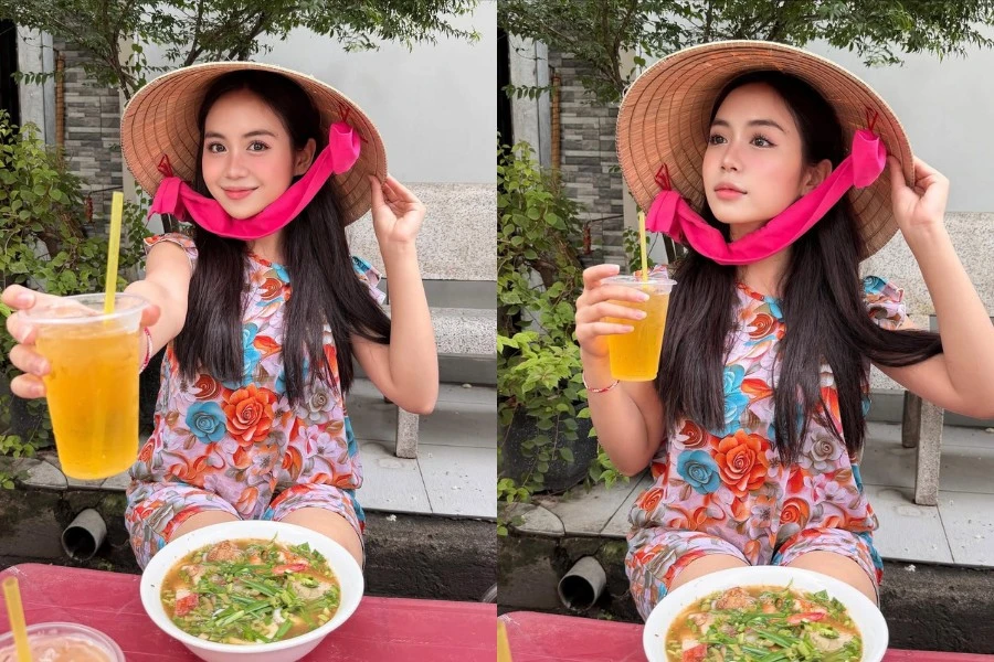 Cô gái Lào khiến fan Việt thích thú khi đội nón lá, uống trà đá lề đường