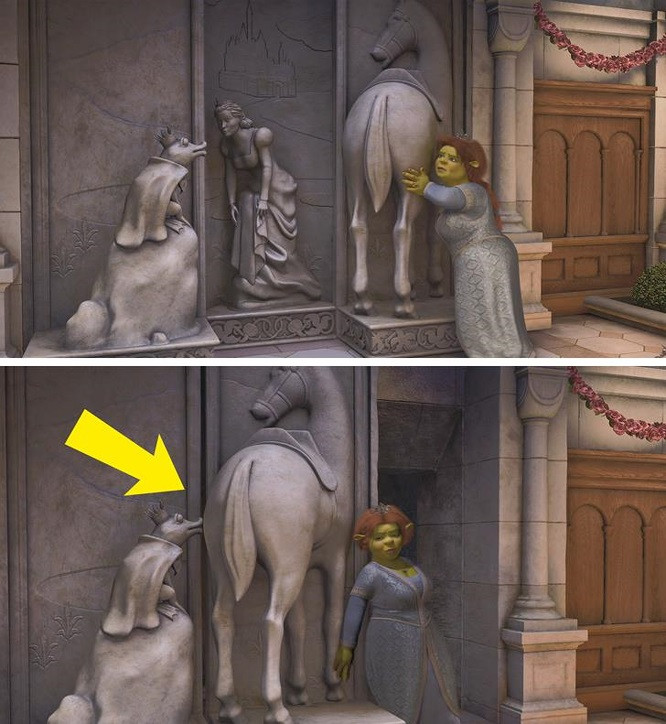 2. Shrek the Third (2007): Một cảnh tượng kỳ quặc khi công chúa Fiona khám phá ra cánh cửa bí mật bên trong lâu đài.
