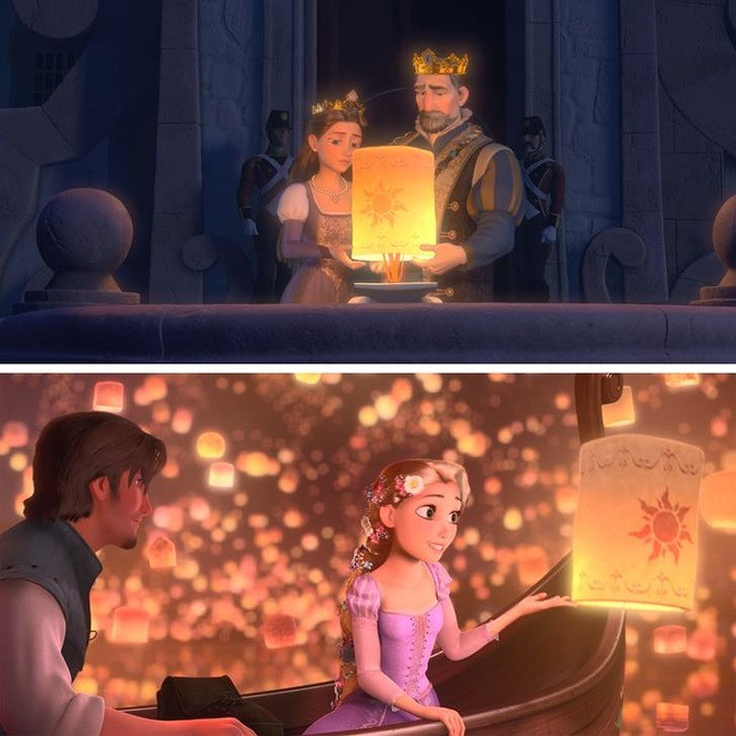 5. Tangled (2012): Chiếc đèn lồng nhà vua và hoàng hậu thả đi với mong muốn tìm lại con gái, bằng phép màu nào đó đã quay về đúng tay cô công chúa Rapunzel.