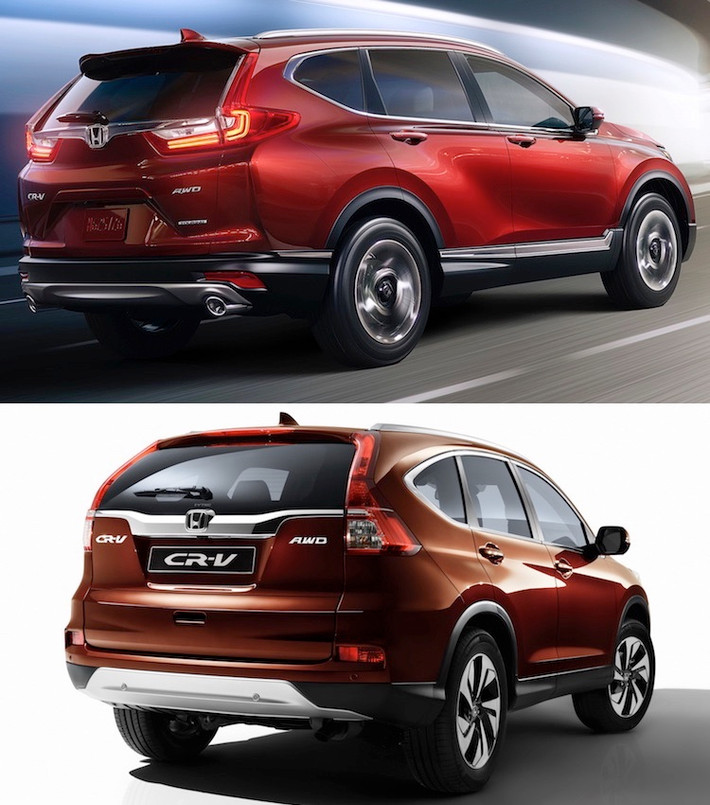 Ở phía sau, CR-V mới trông góc cạnh và thể thao hơn với những đường gân nổi bật và cặp đèn hậu LED hiện đại kéo dài hơn theo 2 góc thân xe. Ngoài ra chiếc xe còn có ống xả kép bên dưới cản và hốc biển số được di dời vị trí.