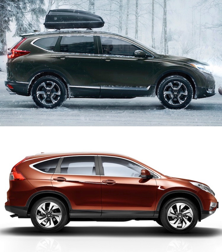 Ở hai bên thân xe, có thể thấy "phom" tổng thể của CR-V đã được giữ nguyên. Tuy nhiên khu vực cửa kính sau cột C của xe đã khác biệt hoàn toàn so với thế hệ cũ, đồng thời chiếc xe mới có thêm các đường dập nổi và nẹp chrome cao cấp hơn ở hai bên thân xe. Bộ mâm đúc 3 cánh kép 2 tông màu cũng là một nét đặc biệt của chiếc xe.