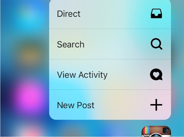 2. Bạn có thể kích hoạt một số tác vụ bên trong ứng dụng rất nhanh thông qua 3D Touch. Lấy thí dụ, nếu như muốn khởi tạo một post mới trong Instagram, bạn chỉ việc ấn và giữ chắc biểu tượng ứng dụng mà không cần phải mở hẳn Instagram ra, sau đó chọn "New Post".