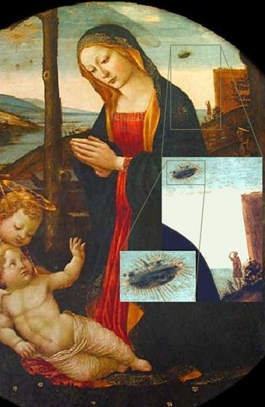 Trong bức tranh "Đức mẹ Madonna với Thánh Giovannino" được vẽ vào thế kỷ 15, một chiếc đĩa bay đã xuất hiện trên vai Đức mẹ Maria là một đối tượng hình đĩa. Một người đàn ông và một con chó đứng dưới mặt đất nhìn lên chiếc đĩa bay này.