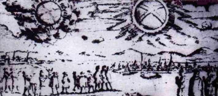 Bức tranh này mô tả 2 UFO xuất hiện trên bầu trời Hamburg, Đức ngày 4/11/1697. Hai UFO đã được mô tả như "bánh xe bay phát sáng".
