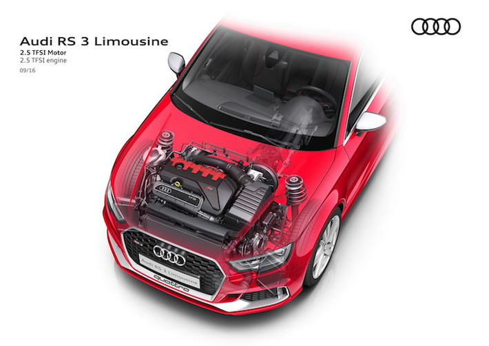 Cũng được trang bị động cơ 5 xi-lanh thẳng thàng 2.5l tăng áp như RS3 Sportback trước đó, tuy nhiên lần này máy của RS3 Sedan thậm chí còn ưu việt hơn khi nhẹ hơn tới 26 kg, đồng thời được trang bị công nghệ phun xăng trực tiếp kép và điều khiển van biến thiên.