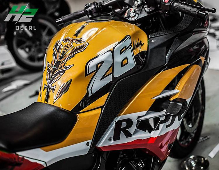 Ở phía trên bình xăng của xe là số 26. Hiện tại trong giải đua MotoGP, con số này gắn liền với tay đua Dani Pedrosa. Bên cạnh việc dán tem trùm toàn thân, chiếc Ninja 300 còn được chủ xe trang bị cho một số đồ chơi như chống đổ hai bên thân xe và pô Akrapovic bằng sợi carbon.