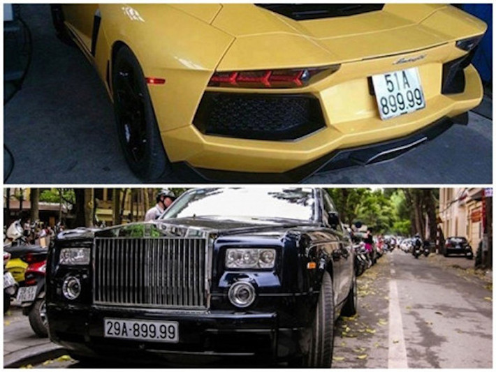 Hai mẫu xe siêu sang Lamborghini Aventador và chiếc Rolls-Royce Phantom đều trị giá tới 26 tỷ đồng và có trùng biển số với những số cuối rất đẹp 899.99. Siêu xe Lamborghini Aventador LP700-4 màu vàng là chiếc Aventador đầu tiên về Việt Nam, hồi tháng 6/2012 .
