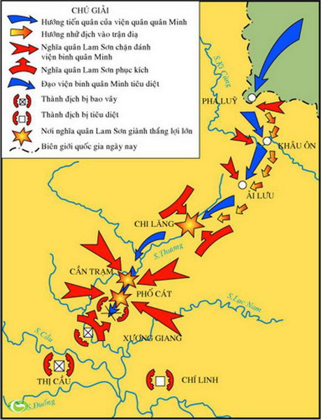 Năm Đinh Mùi 1427 đã diễn ra Trận Chi Lăng - Xương Giang (8/10 - 3/11/1427), trận đánh quyết định của quân Lam Sơn diệt Liễu Thăng ở Chi Lăng, vây thành Đông Quan (tức Thăng Long) buộc Tổng binh Vương Thông ra hàng, đập tan ý chí xâm lược của quân Minh, thừa nhận nền độc lập đất nước Việt Nam. Ảnh: Sơ đồ trận Chi Lăng – Xương Giang.