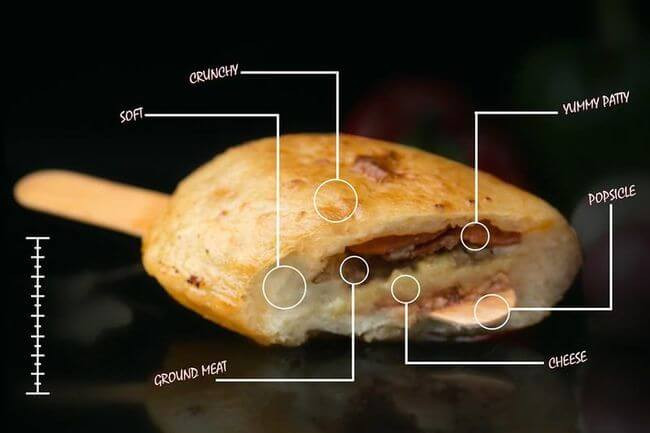 Món ăn sáng tạo từ pizza cổ truyền này nhìn như một que kem với vỏ bánh ngoài giòn trong mềm. Phần nhân bên trong là thịt xay, phô mai và chả.