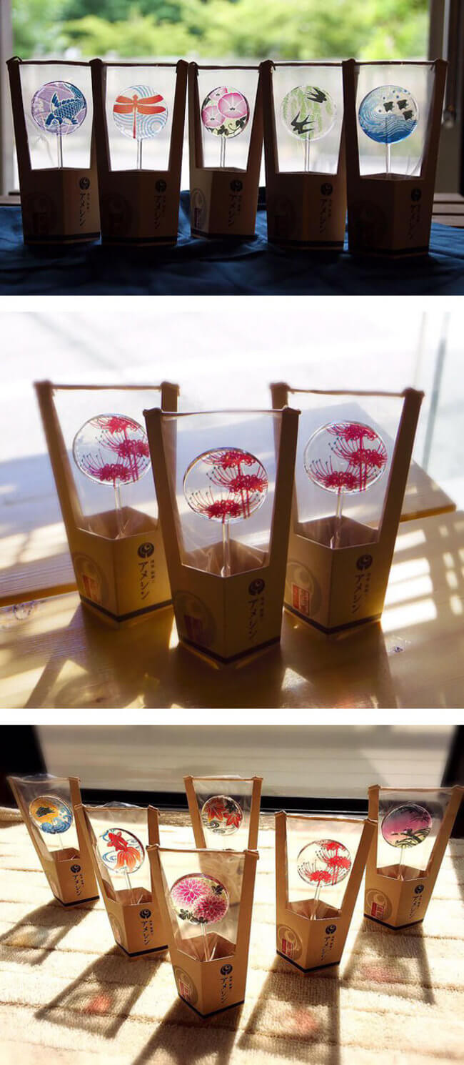 Mỗi cây kẹo mút Uchiwa là một cảnh sắc ở Nhật Bản trong một hình tròn trong suốt và được đóng gói trong thùng nước bằng giấy nhỏ mô phỏng gỗ anh đào.