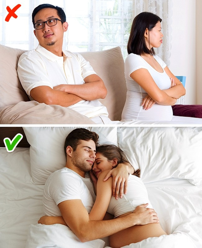 Quan niệm 4: "Yêu" khi mang thai có thể làm tổn thương em bé. Đây có thể là lầm tưởng phổ biến nhất với phụ nữ mang thai. Nhiều người nghĩ rằng quan hệ tình dục sẽ gây hại thai nhi, khiến phụ nữ thấy khó chịu. Nhưng nếu người mẹ cảm thấy thoải mái, điều đó không gây hại gì. Thậm chí, "yêu" thường xuyên còn có lợi cho sức khỏe như tăng cường cơ vùng chậu, kích thích cảm xúc tích cực cho người mẹ.