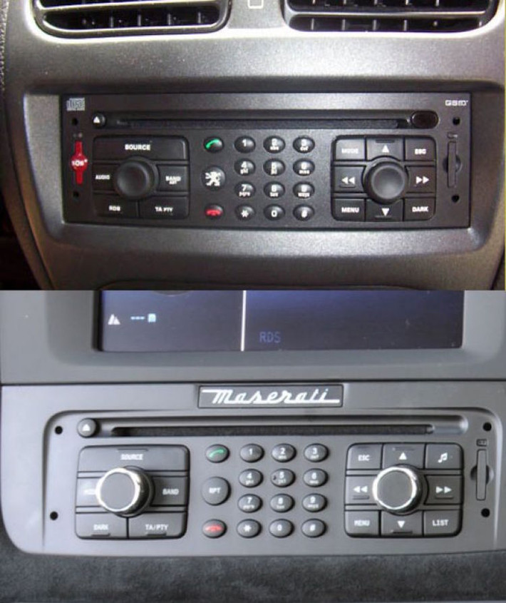 Ít ai có thể nghĩ rằng mẫu coupe hạng sang Maserati Granturismo thế hệ trước lại sử dụng chung đầu CD/Radio với các dòng xe rẻ tiền tới từ Peugeot trước đây.