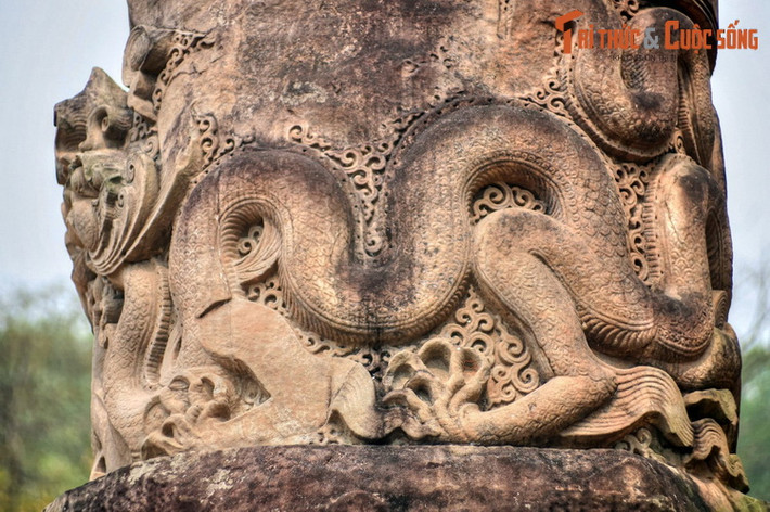 Toàn thân rồng có vẩy khép, uốn lượn nhịp nhàng, mềm mại. Chân rồng có 5 móng, cong và nhọn sắc như móng chim. Đôi rồng ngoắc đuôi vào nhau, uốn quanh thân cột. Các khe trống được trám chi tiết hoa văn cúc dây rất hài hòa, sinh động.