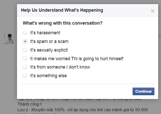 Bước 2: chỉ rõ tin nhắn rác trên Facebook là quảng cáo (spam) và lừa đảo (scam).