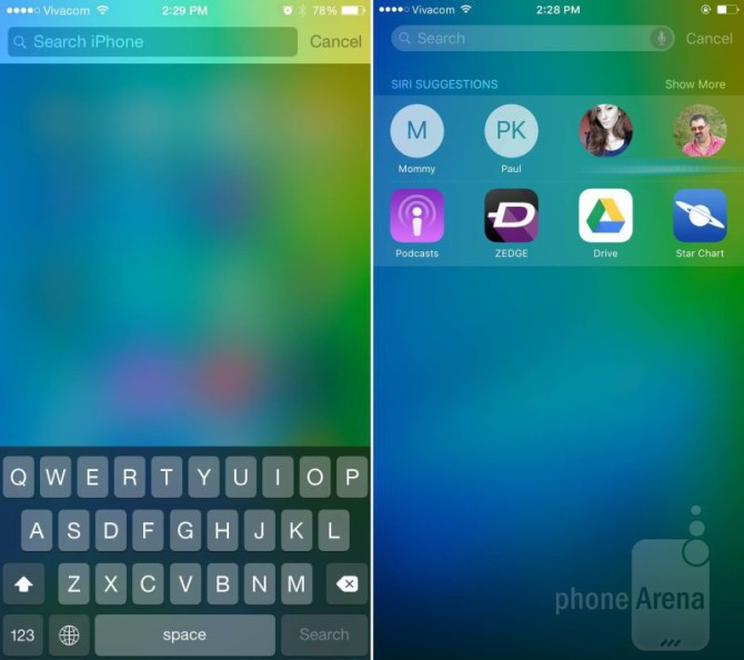 2. Giao diện tìm kiếm Spotlighti. Thay vì để giao diện Spotlight trống vắng như trước, Apple đã thêm vào danh sách các liên lạc (phía trên) và ứng dụng (phía dưới) hay sử dụng nhất. Đây là một phần trong số các tính năng Proactive (đưa ra gợi ý thông minh dựa trên quá trình sử dụng thực tế của người dùng) được Apple ra mắt tại WWDC. Các gợi ý này sẽ được đặt tên "Gợi ý của Siri" để tô đậm vai trò trợ lý ảo của Siri.
