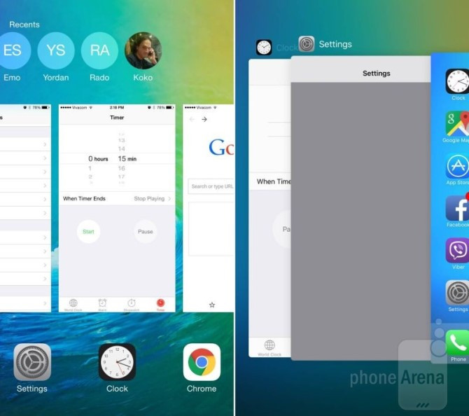 1. Giao diện đa nhiệm. Giao diện đa nhiệm (hay còn gọi là Recent apps - Ứng dụng sử dụng gần đây) của iOS đã được thay đổi khá nhiều. Các ứng dụng sẽ được sắp xếp dạng thẻ chồng lên nhau, trong khi các biểu tượng sẽ được tích hợp vào một cột nhỏ bên phải. Giao diện này sẽ giúp cho iOS thực hiện khả năng chia màn hình (SlideOver và SplitView) tốt hơn trên iPad.Đồng thời, danh sách các liên lạc gần nhất cũng đã bị loại bỏ.
