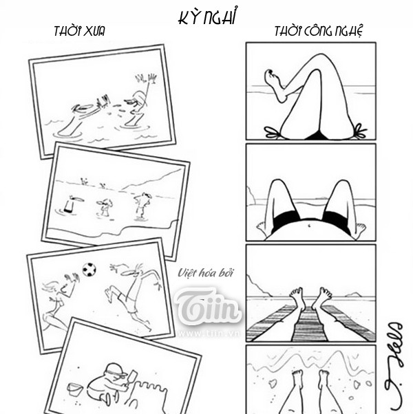 Nếu ngày trước, cứ hễ hè tới là nhà nhà kéo nhau đi nghỉ mát, trẻ con xây lâu đài cát, đá bóng, nhảy sóng, tắm biển, phải gọi là đủ trò thì nay, tất cả những gì con người làm trong thời đại công nghệ là nằm và... chụp ảnh tự sướng.
