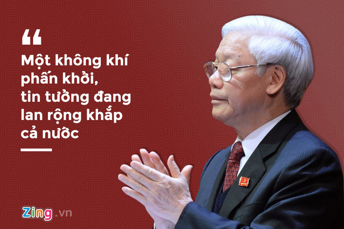 Những kết quả đạt được về kinh tế, văn hoá, xã hội, về đối ngoại, quốc phòng, an ninh, cùng với những chuyển biến tích cực trong công tác xây dựng Đảng, xây dựng hệ thống chính trị, đã làm nên những thành tựu quan trọng, đáng tự hào của toàn Đảng, toàn dân, toàn quân ta trong năm 2017. "Một không khí phấn khởi, tin tưởng đang lan rộng khắp cả nước", Tổng bí thư chia sẻ.