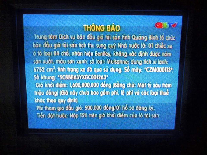 Theo thông báo của trung tâm dịch vụ bán đấu giá tài sản tỉnh Quảng Bình, mức giá rao bán đấu giá khởi điềm từ 1,6 tỷ đồng chưa bao gồm các loại thuế và phí phải nộp theo quy định. Tiền đặt cọc là 15% trên giá khởi điểm của xe, tức 240 triệu đồng. Đây là một mức giá rất "hời" nếu như chiếc xe là Mulsanne thật khi hiện tại, một chiếc Bentley Mulsanne đã qua sử dụng có giá ít nhất khoảng 10 tỷ đồng.