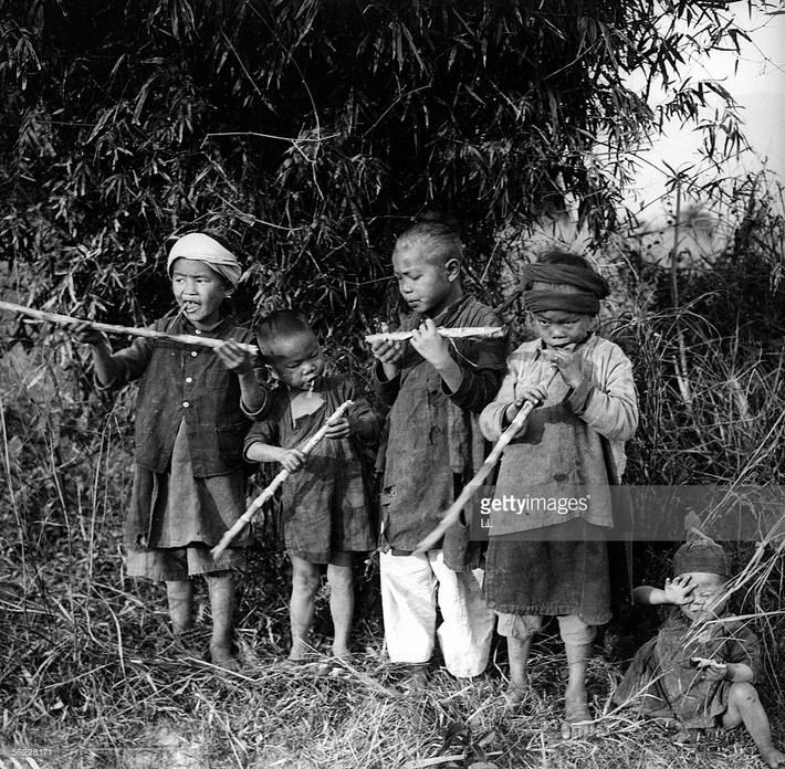 Trẻ em dân tộc Thái gặm mía ở vùng núi phía Bắc Việt Nam năm 1902, một trong những hình ảnh xa xưa nhất về trẻ em Việt Nam. Ảnh: Getty Images.