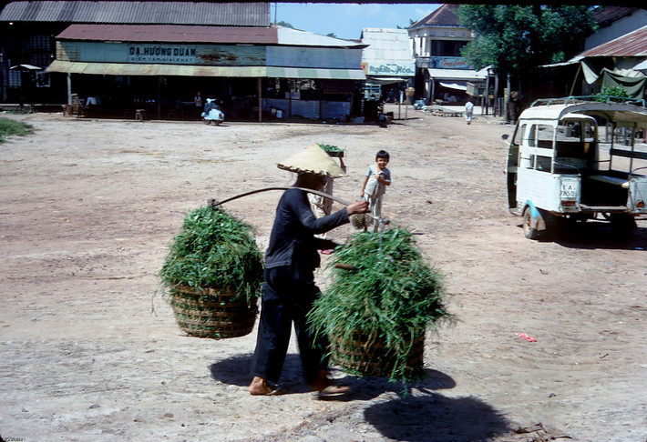 Cụ bà gánh cỏ cho ngựa ăn, thị xã Biên Hòa năm 1967, ảnh chụp của cựu binh Mỹ Gordon Waite. Ảnh: Smugmug.com.
