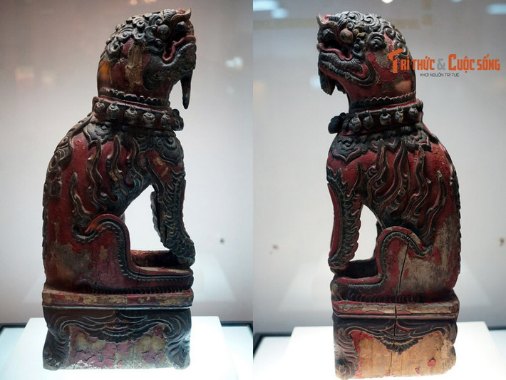 Từ thời Trần (thế kỷ 13–14), khi Nho giáo phát triển, Sư tử được chọn làm biểu tượng của sức mạnh vương quyền thì hình tượng Sư tử xuất hiện phổ biến ở nhiều loại hình nghệ thuật khác nhau, đa dạng về hình thức và mang nhiều ý nghĩa biểu tượng khác nhau. Ảnh: Tượng sư tử / nghê chầu bằng gỗ sơn thiếp, thời Lê Trung Hưng, thế kỷ 17–18 (BT LSQG).