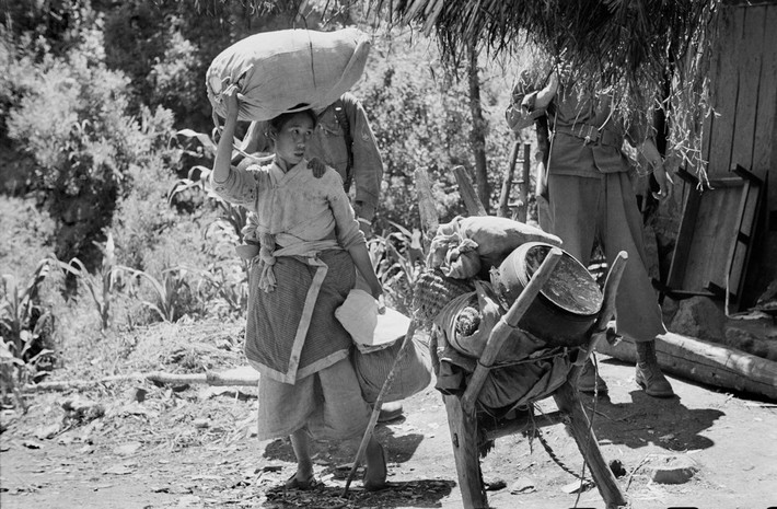 Người nữ nông dân ở làng San Jang Ri địu con nhỏ trên lưng ra đồng làm việc. Vào năm 1951, một phần ngôi làng đã được sử dụng làm trại tạm cư cho những người di tản chiến tranh. Ảnh: Werner Bischof.