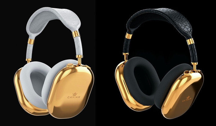 Caviar AirPods Max Gold Black là chiếc tai nghe AirPods Max với củ tai làm từ 750 g vàng nguyên chất, băng đeo (headband) bọc da cá sấu hiếm. Giá của phiên bản này là 108.000 USD. Ảnh: Caviar.