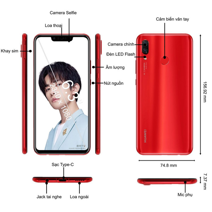Điện thoại Huawei Nova 3 sử dụng chip Kirin 970 tương tự dòng cao cấp P20 pro. Máy có RAM 6 GB, bộ nhớ trong 128 GB, chạy trên nền hệ điều hành Android 8.1 và có pin dung lượng 3.750 mAh. Nova 3 có camera kép 24Mpx và 16Mpx hỗ trợ AI. Máy cũng có khả năng sạc nhanh tương tự như nhiều mẫu smartphone cao cấp.
