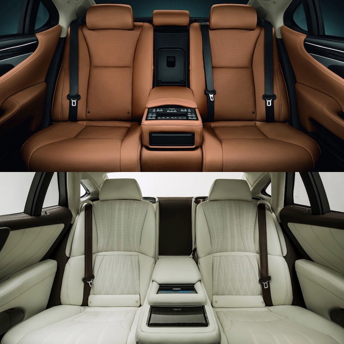 Ở phía sau, Lexus cũng đã sử dụng panel màn hình cảm ứng điều khiển các chức năng tương tự như đối thủ BMW 7 Series. Thêm vào đó, hàng ghế sau có khả năng nghiêng về sau 48 độ và nâng mặt ghế lên 24 độ để giúp khách ra vào xe dễ dàng hơn. Vốn đã có không gian rộng hơn thế hệ trước, Lexus còn đưa ra tùy chọn ghế sau siêu rộng, đem tới khoảng để chân lớn chưa từng thấy trong lịch sử dòng LS.