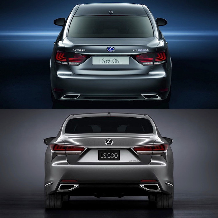 Ở phía sau, 2 thế hệ Lexus LS có cách bố trí các chi tiết khá tương đồng với nhau, chẳng hạn như cụm ống xả kép và đèn hậu với các dải LED hình chữ L. Tuy nhiên cũng giống như hai bên thân xe, phần đuôi của LS thế hệ mới có thiết kế hiện đại và uyển chuyển hơn nhiều.