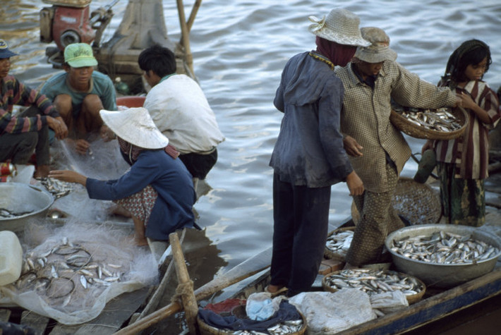 Buôn bán cá ngay trên thuyền ở sông Mekong, Phnom Penh năm 1997. Ảnh: Hiroji Kubota/ Magnum Photos.