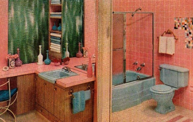 Phòng tắm liền kề phòng trang điểm, thiết kế thời thượng thập niên 1950. Ảnh: Vintag.