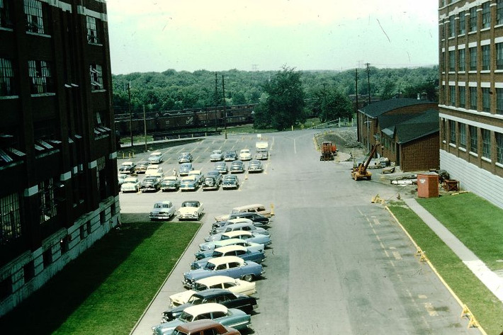 Bãi đỗ xe của công ty thực phẩm Kellogg ở thành phố Battle Cree, bang Michigan, 1955. Ảnh: Walter Reed.