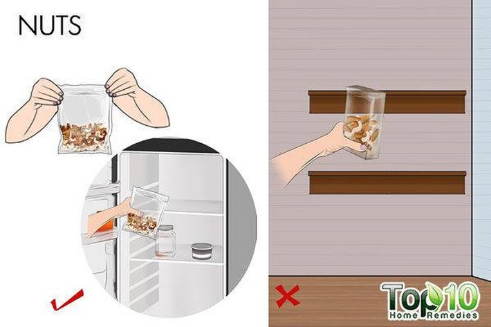 Các loại hạt: Hạnh nhân, hạt điều, quả óc chó và các loại hạt khác được nhiều người ưa dùng. Tuy nhiên, không bao giờ để hạt ở nhiệt độ phòng. Dầu tự nhiên trong chúng bị ôi nhanh hơn ở nhiệt độ phòng và tạo ra vị đắng. Ngoài ra, tránh để hạt ở nơi có nhiệt độ cao, chúng có thể khiến dầu tự nhiên trong hạt bị hỏng nhanh hơn.