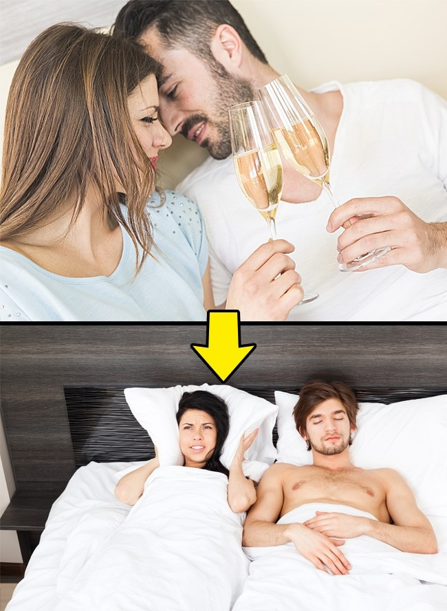 7. Không uống rượu: Nhiều cặp vợ chồng thích uống một ly rượu vang trước khi ngủ để tạo không khí lãng mạn. Tuy nhiên, trong khi cơ thể đang tiêu hóa rượu, thời gian ngủ sẽ bị ngắn đi. Điều đó khiến bạn mệt mỏi, mất tập trung và dễ cáu bẳn khi thức dậy vào buổi sáng. Rượu cũng là nguyên nhân gây ra ngáy.