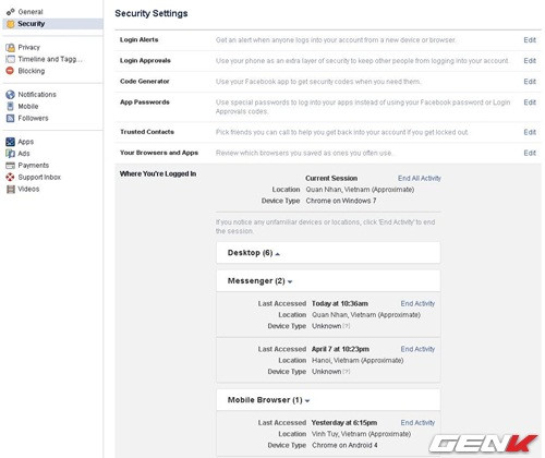 3. Quản lý tài khoản Facebook mà bạn đã đăng nhập trên nhiều thiết bị. Nếu bạn đã đăng nhập tài khoản Facebook trên máy tính của người khác mà quên đăng nhập. Đừng quá lo lắng vì bạn có thể quản lý và thoát tài khoản Facebook của mình trên tất cả các thiết bị trong phần Setting. Vào Security Settings > Where You're Logged, tại đây bạn sẽ thấy tất cả các thiết bị đang đăng nhập tài khoản Facebook của mình. Bạn có thể lựa chọn End activity ở bất kỳ thiết bị nào.