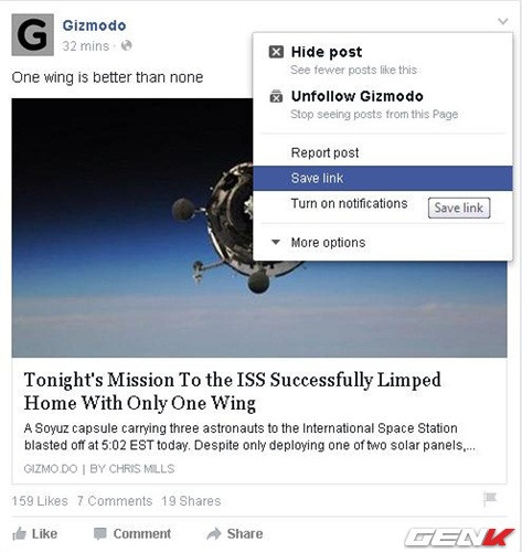 4. Save link để đọc lại một post nào đó khi có thời gian. Có thể trong khi lướt Facebook bạn thấy những post khá hay nhưng chưa có thời gian để đọc hết. Hãy click vào mũi tên menu trên post đó và chọn Save link để sau này đọc lại khi có thời gian. Để xem lại các post này, bạn chỉ cần vào mục Saved trong cột bên trái.