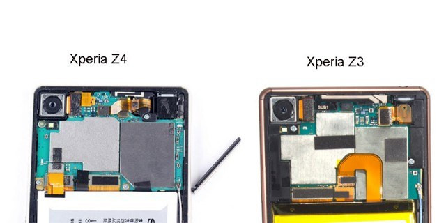 Có thể thấy rõ cách bố trí các linh kiện bên trong của Xperia Z3+/Z4 có một chút khác biệt so với Xperia Z3.