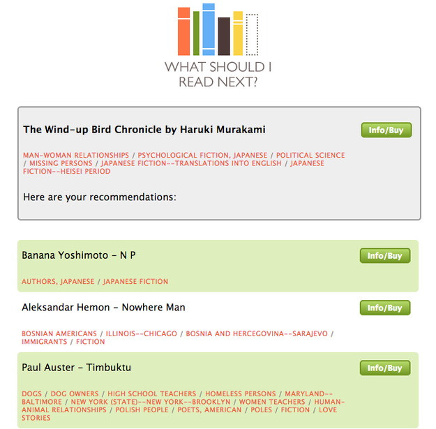 4. whatshouldireadnext.com. Đúng như tên trang web, WhatShouldIReadNext.com sẽ là “cẩm nang” mách nước cho các mọt sách tìm đọc tựa sách tiếp theo đúng với gu ưa thích của bản thân. Bạn chỉ cần gõ tên cuốn sách yêu thích nhất của mình, cơ sở dữ liệu sẽ cung cấp vô số đầu sách cho bạn tham khảo và lựa chọn cho chuyến “du hành văn học” tiếp theo.